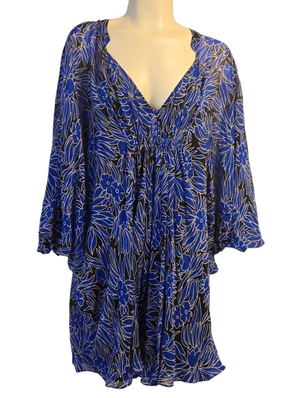 Diane von Furstenberg Blue Floral Silk‎ Tunic Dress Flowy Boho Size 2